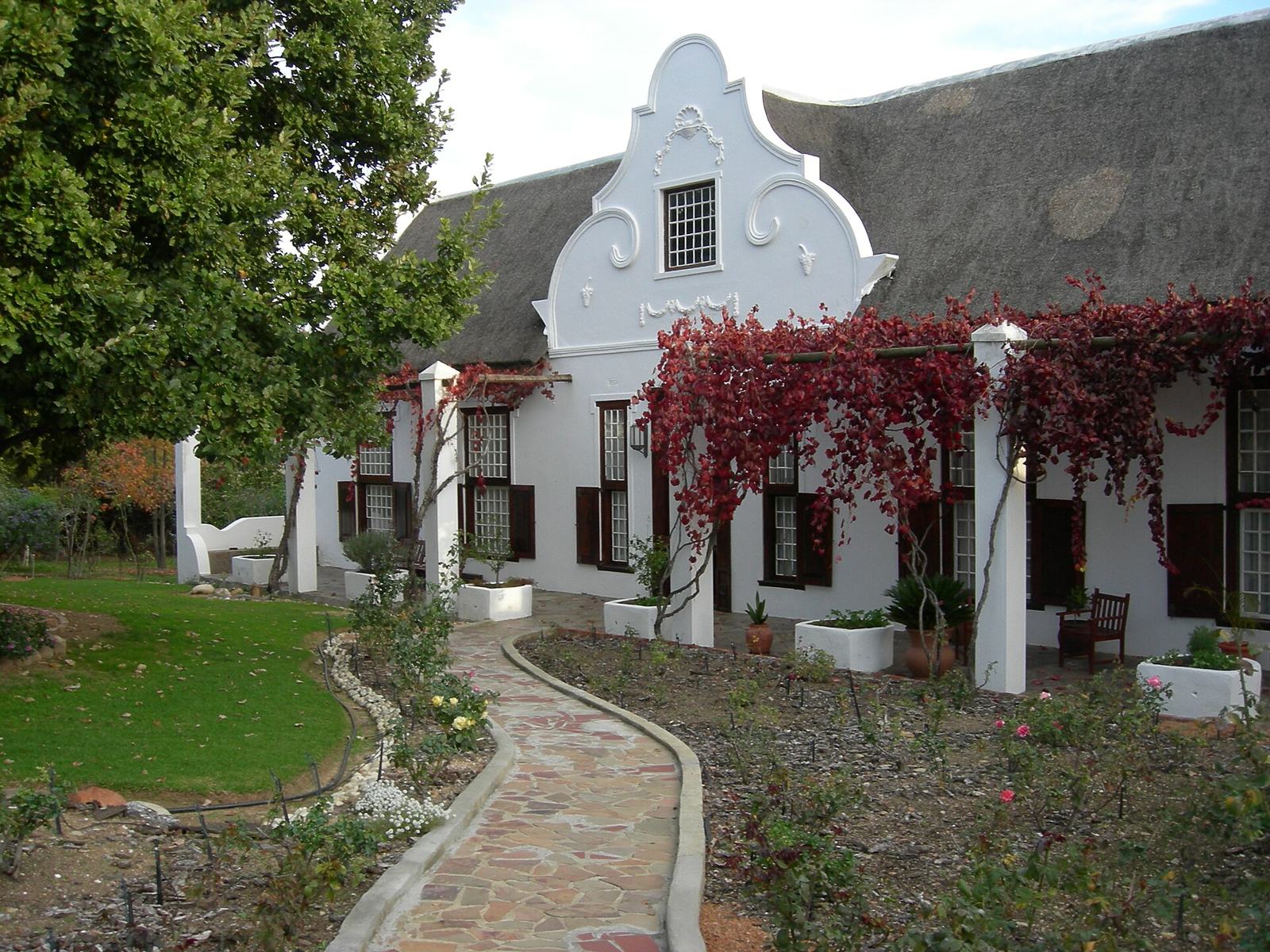 白壁と曲線の破風が特徴のケープダッチ様式(Tulbagh)
