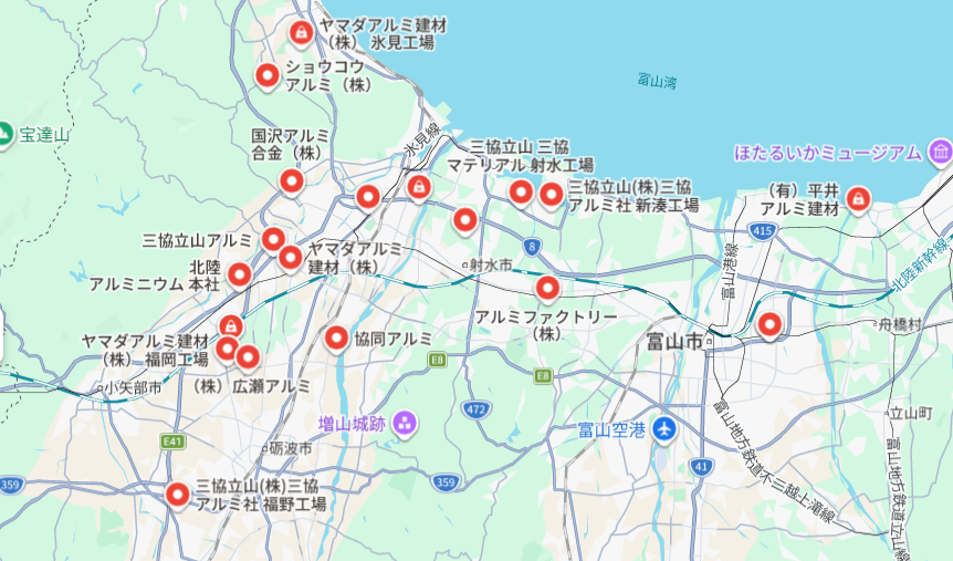 Toyama GeoGuessr guide image showing Aluminum factory map in Toyama