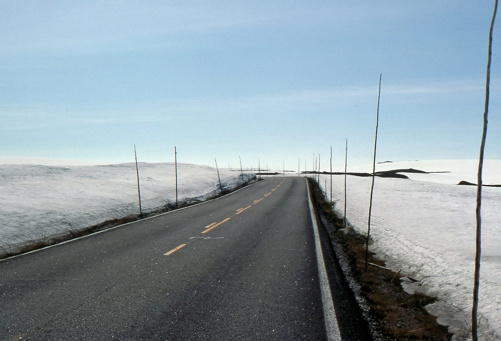 木の無い高原を横切る道と雪よけのポール(国道7号、Hardangervidda)