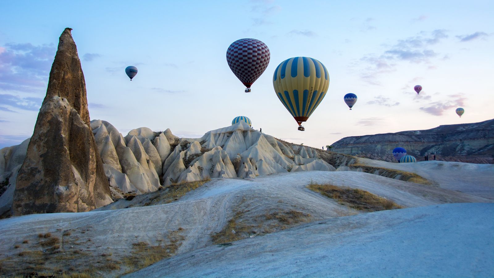 円錐形の奇岩が立つCappadociaの谷と気球（Nevşehir県Göreme周辺）
